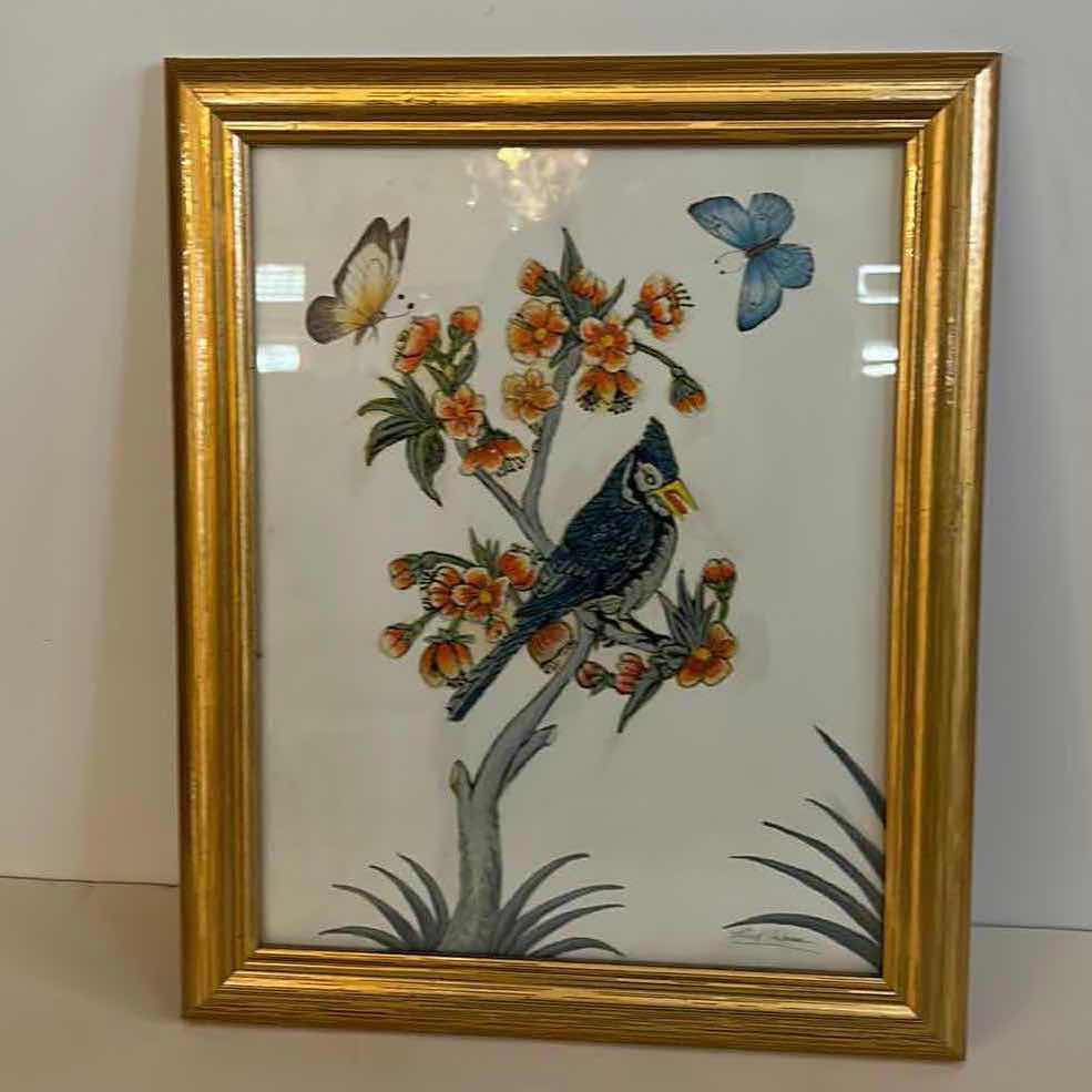 Photo 5 of HOME DECOR- SIGNED ORIGINAL ARTWORK, BLUEJAY AND BUTTERFLIES ARTWORK, GOLD FRAMED 13 1/2” x 16 1/2