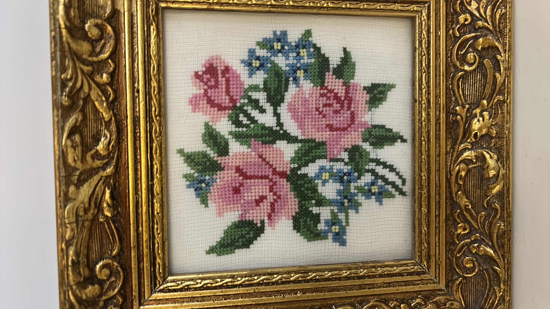 Photo 3 of WALL DECOR - 2 GOLD FRAMED NEEDLEPOINT ROSES ARTWORK 8” x 8