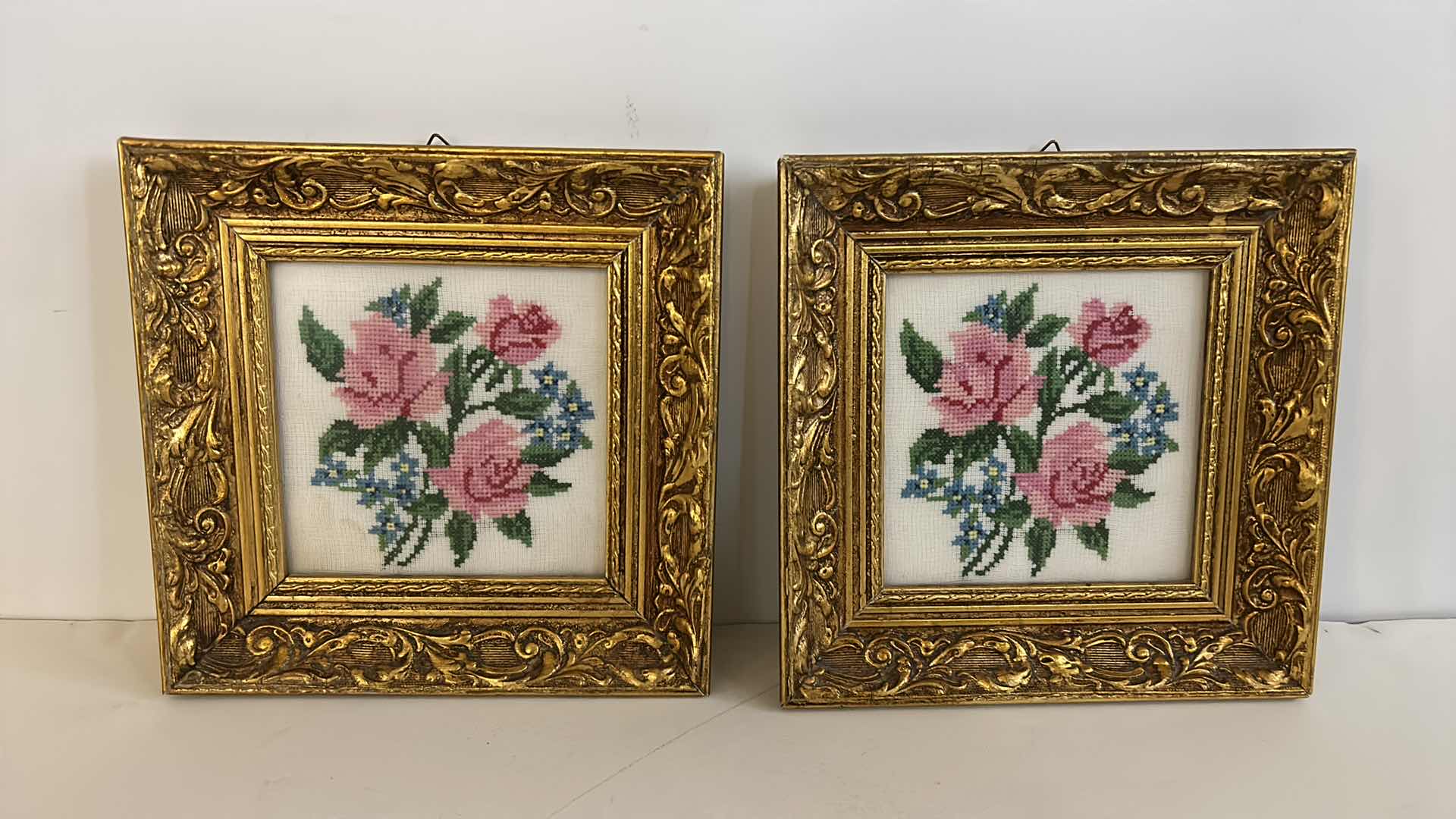 Photo 1 of WALL DECOR - 2 GOLD FRAMED NEEDLEPOINT ROSES ARTWORK 8” x 8