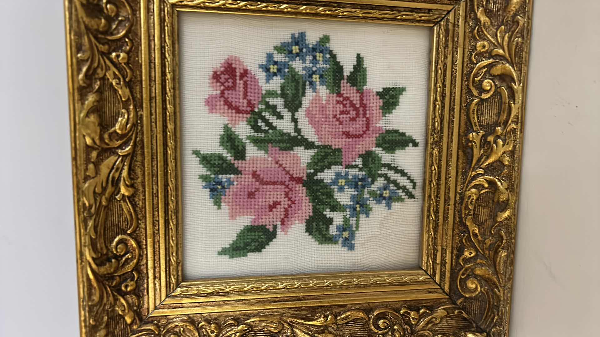 Photo 2 of WALL DECOR - 2 GOLD FRAMED NEEDLEPOINT ROSES ARTWORK 8” x 8