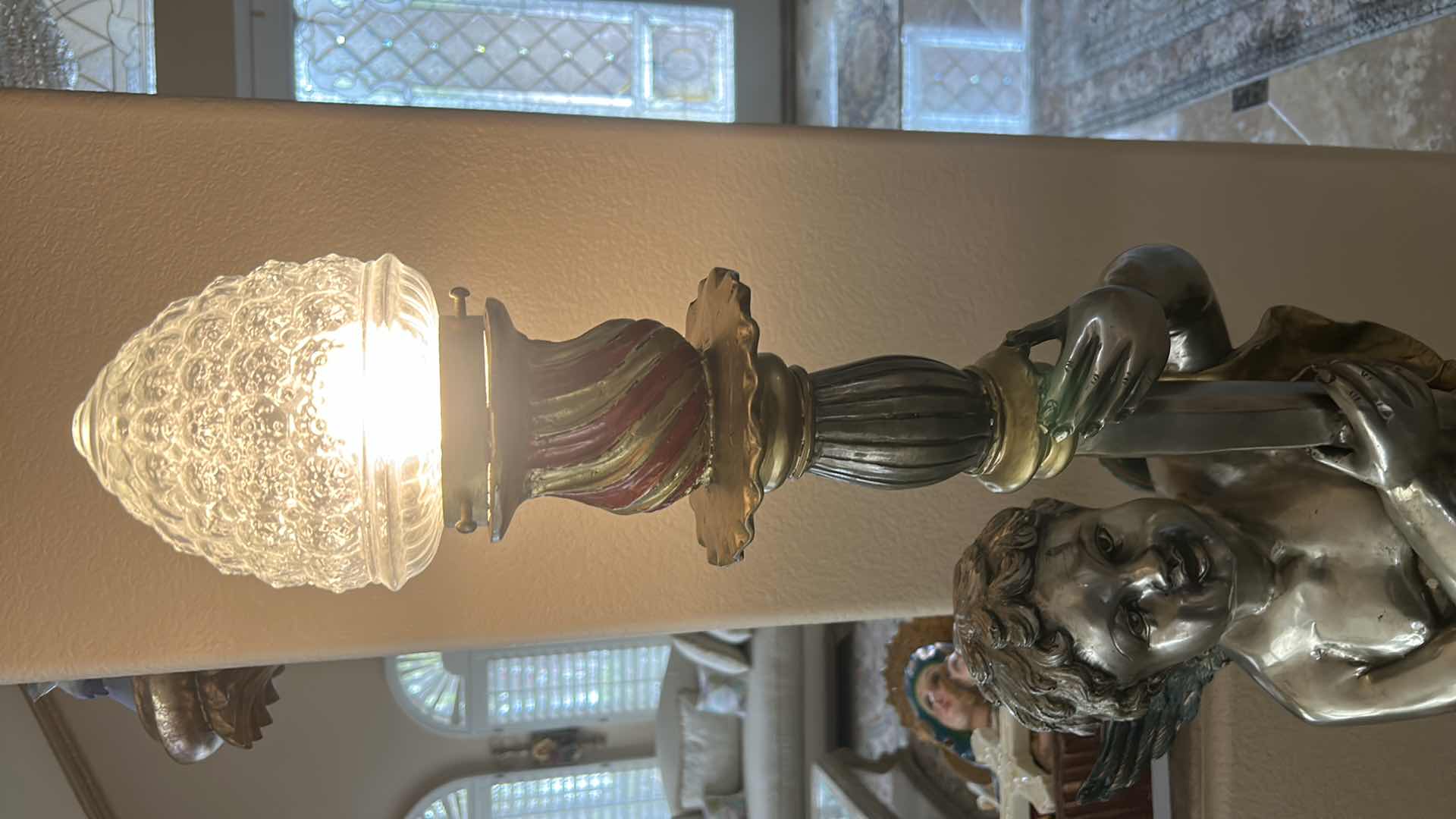 Photo 2 of ANTIQUE HEAVY METAL VICTORIAN CHERUB PEDESTAL LIGHTING FIXTURE ON MARBLE STAND H69”