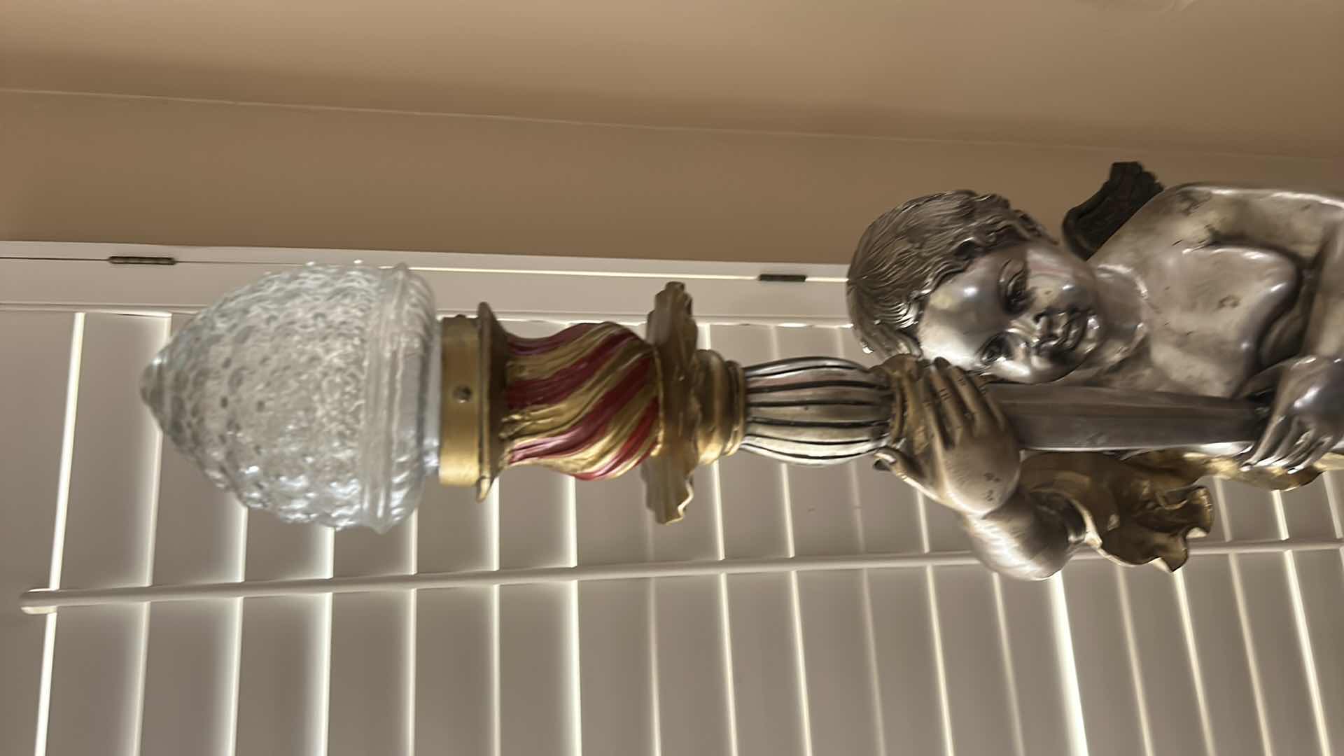 Photo 2 of ANTIQUE HEAVY METAL VICTORIAN CHERUB PEDESTAL LIGHTING FIXTURE ON MARBLE STAND H69”