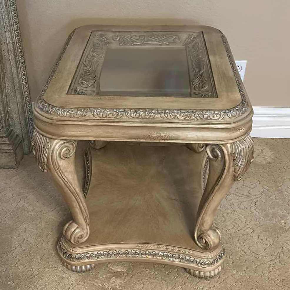 Photo 1 of VINTAGE ORNATELY CARVED GLASS TOP END TABLE 24” x 27” x 26