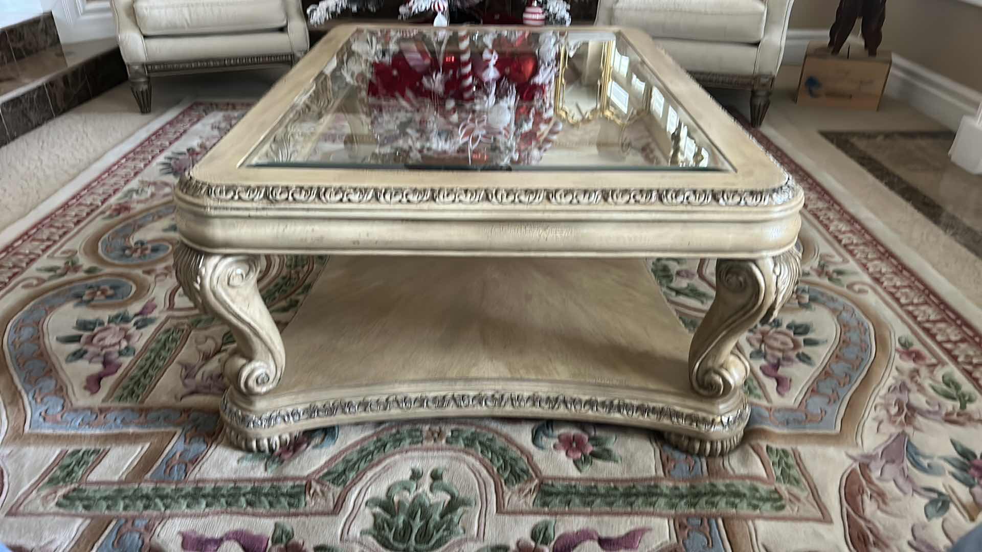 Photo 5 of VINTAGE ORNATELY CARVED GLASS TOP COFFEE TABLE 50” x 36” X19 1/2"