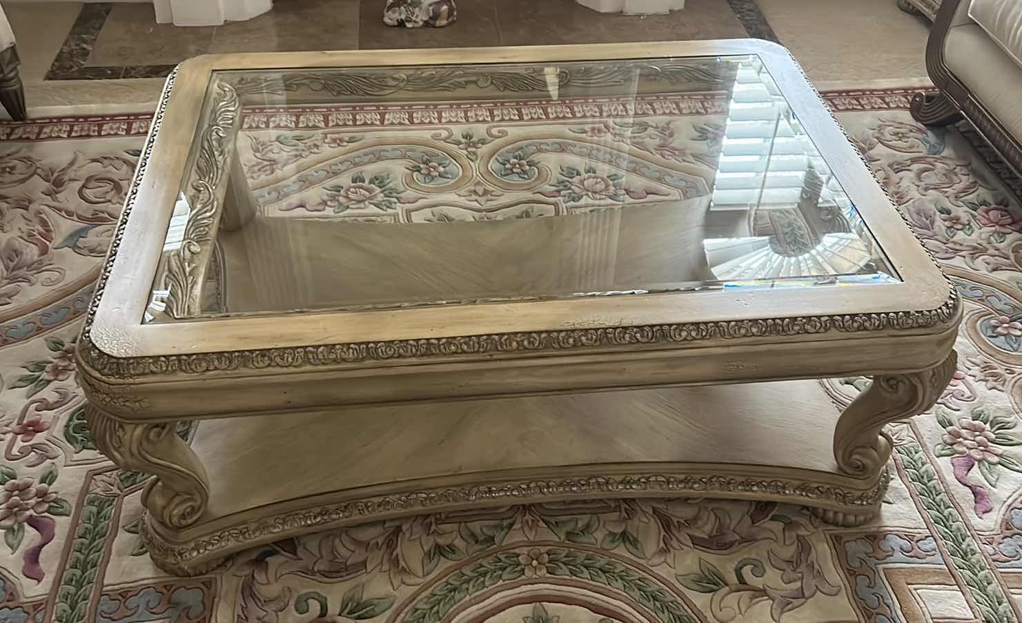 Photo 1 of VINTAGE ORNATELY CARVED GLASS TOP COFFEE TABLE 50” x 36” X19 1/2"