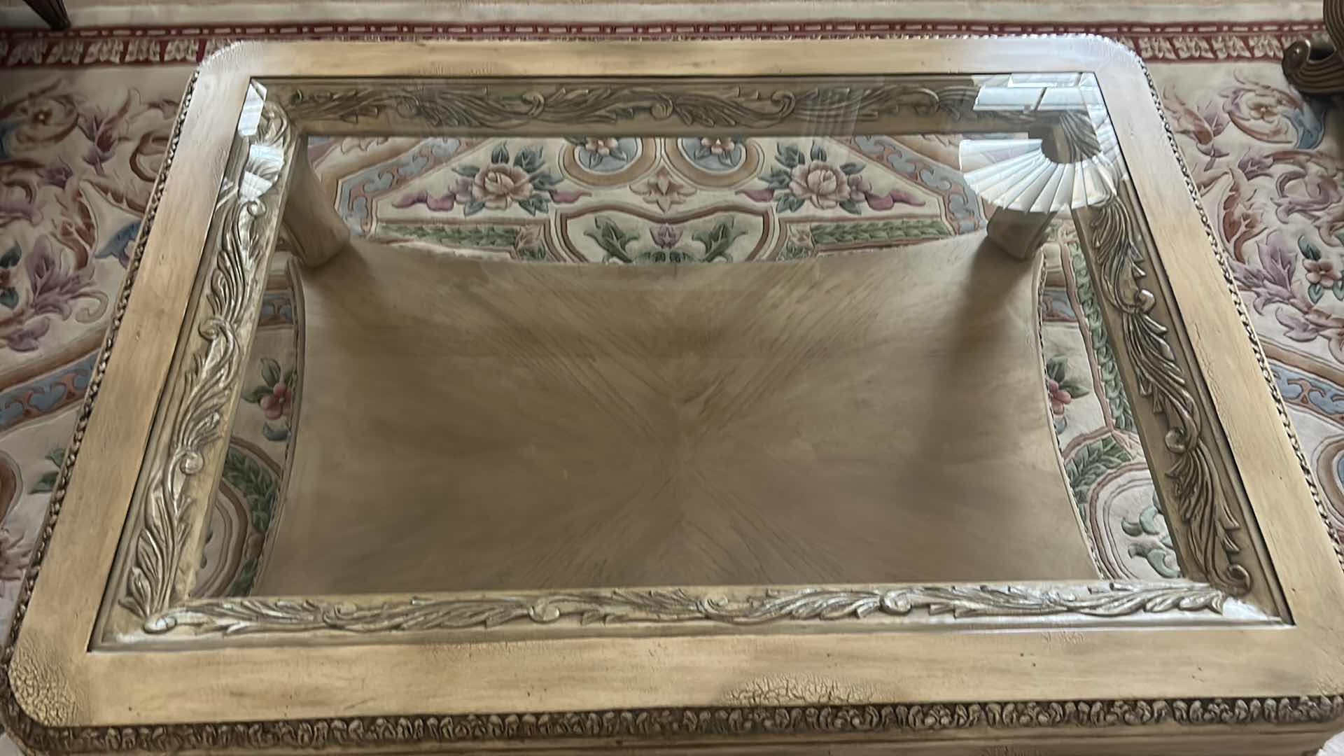 Photo 3 of VINTAGE ORNATELY CARVED GLASS TOP COFFEE TABLE 50” x 36” X19 1/2"