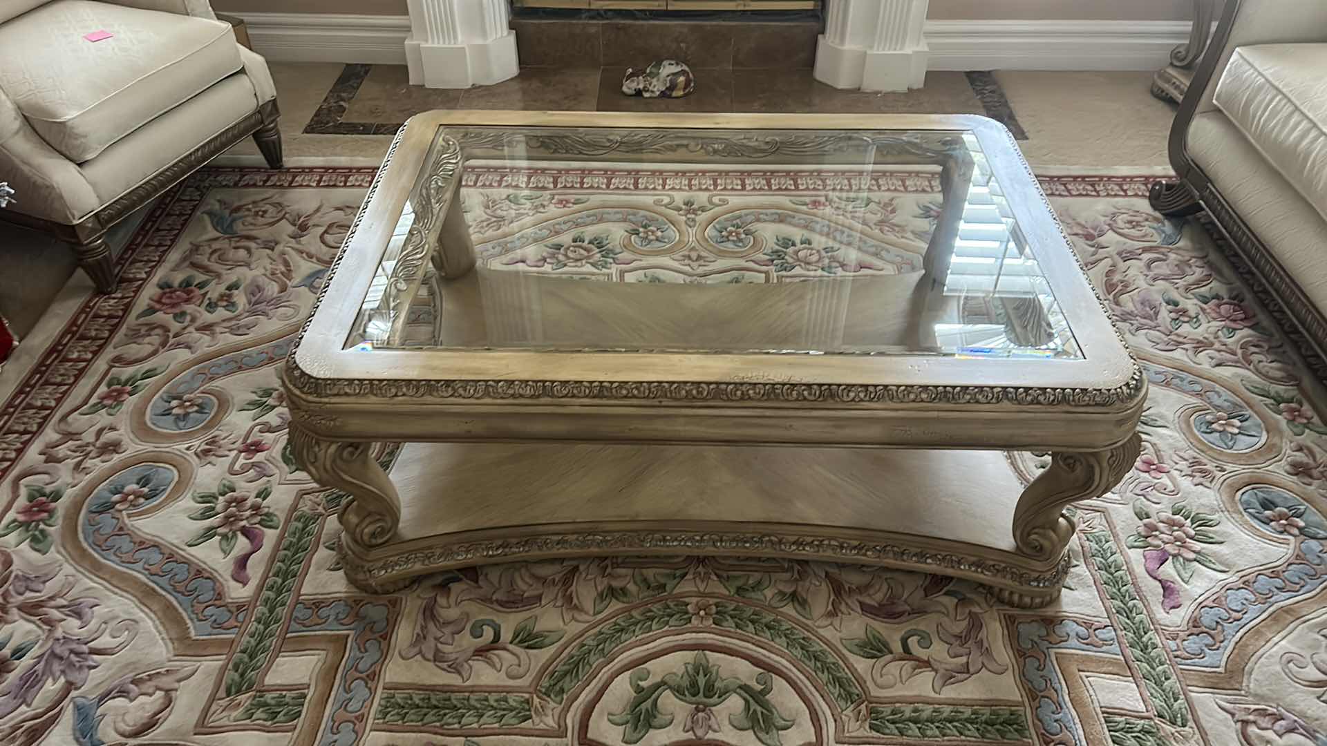 Photo 2 of VINTAGE ORNATELY CARVED GLASS TOP COFFEE TABLE 50” x 36” X19 1/2"