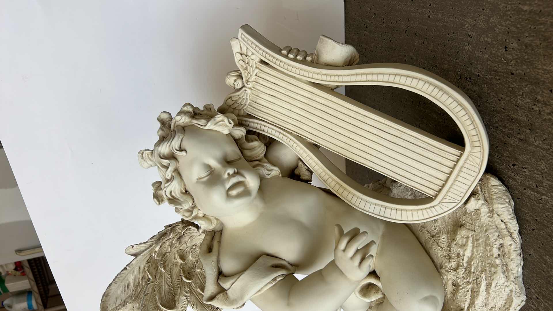 Photo 2 of PLASTER CHERUB PLAYING HARP FIGURINE 21 1/2” x 15” x 17”