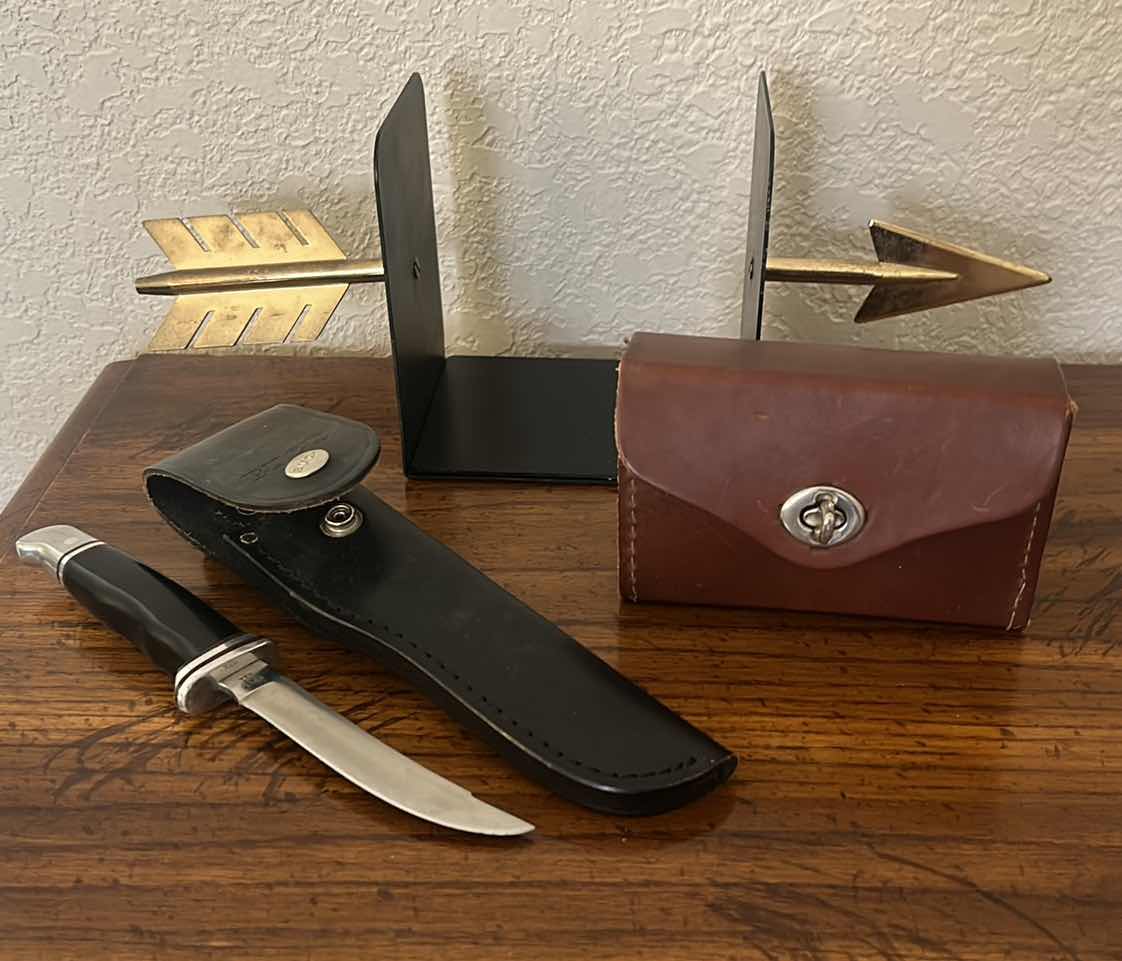 Photo 9 of VINTAGE COLLECTIBLES - BUCK KNIFE WITH LEATHER SHEATH, HONING TOOLS AND BOOKENDS