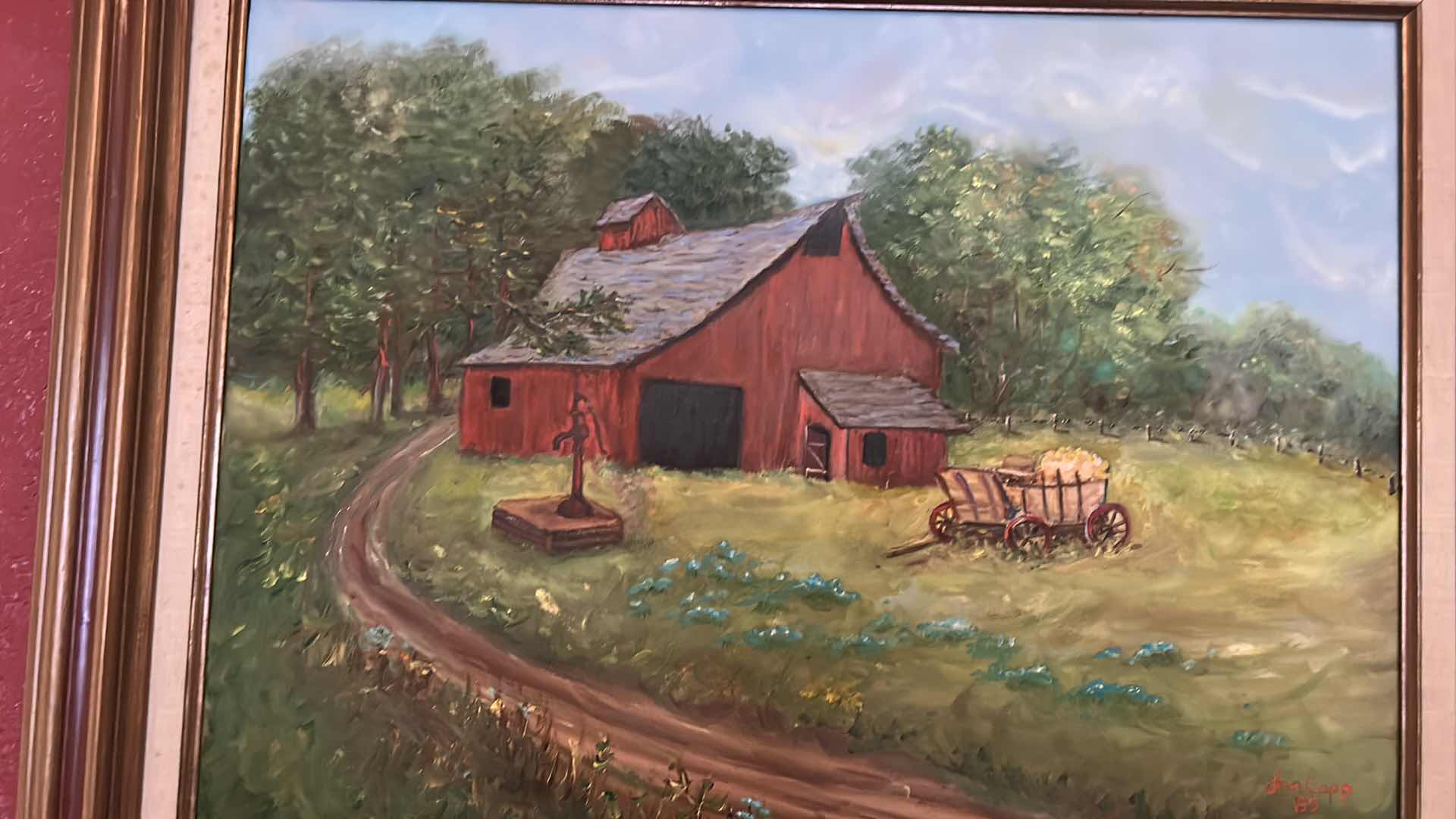 Photo 3 of SIGNED OIL ON CANVAS “RED BARN” WOOD FRAMED 31” x 25”