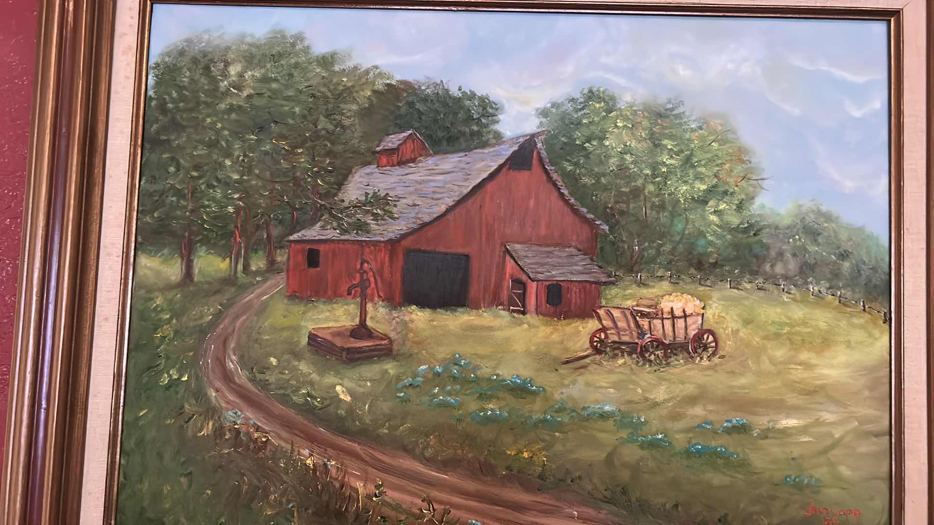 Photo 2 of SIGNED OIL ON CANVAS “RED BARN” WOOD FRAMED 31” x 25”