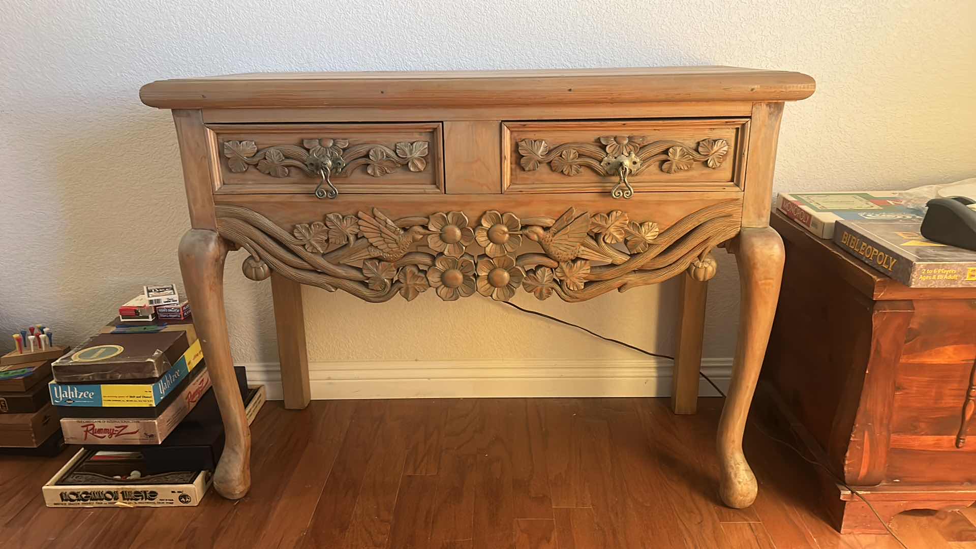 Photo 2 of CARVED WOOD ENTRY TABLE WITH TWO DRAWERS 42” x 17” x 32”