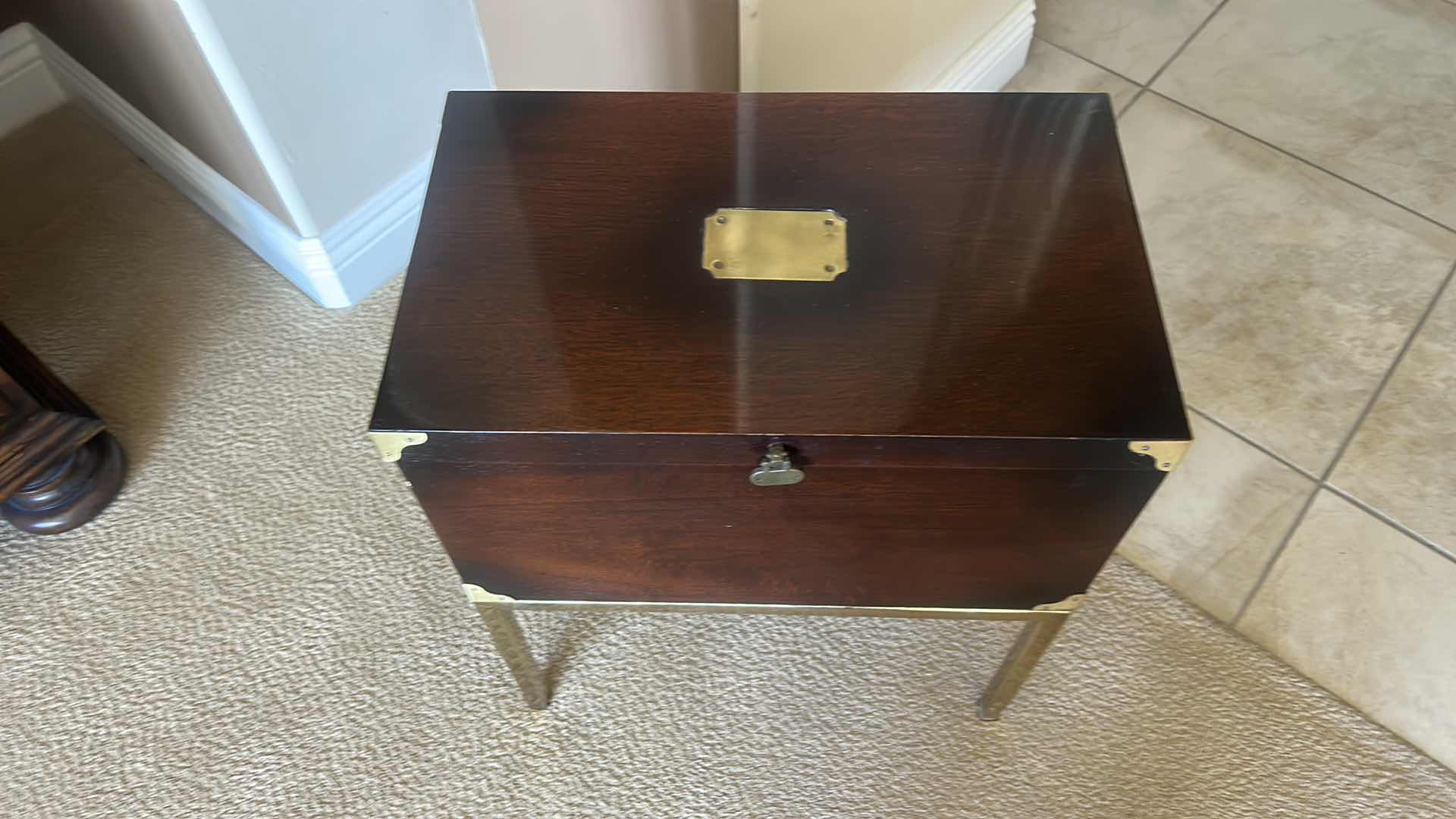 Photo 2 of HEAVY WOOD CHEST WITH BRASS ACCENT ON BRASS LEGS 18” x 11” x 21”