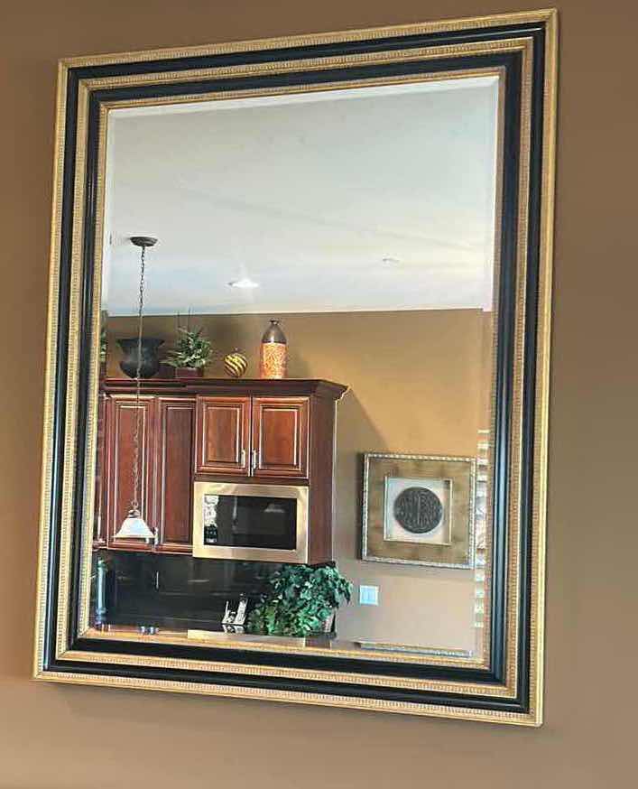 Photo 8 of VERY LARGE ORNATELY FRAMED IN GOLD AND BLACK BEVELED GLASS MIRROR 
57 inches five 44 1/2 inches