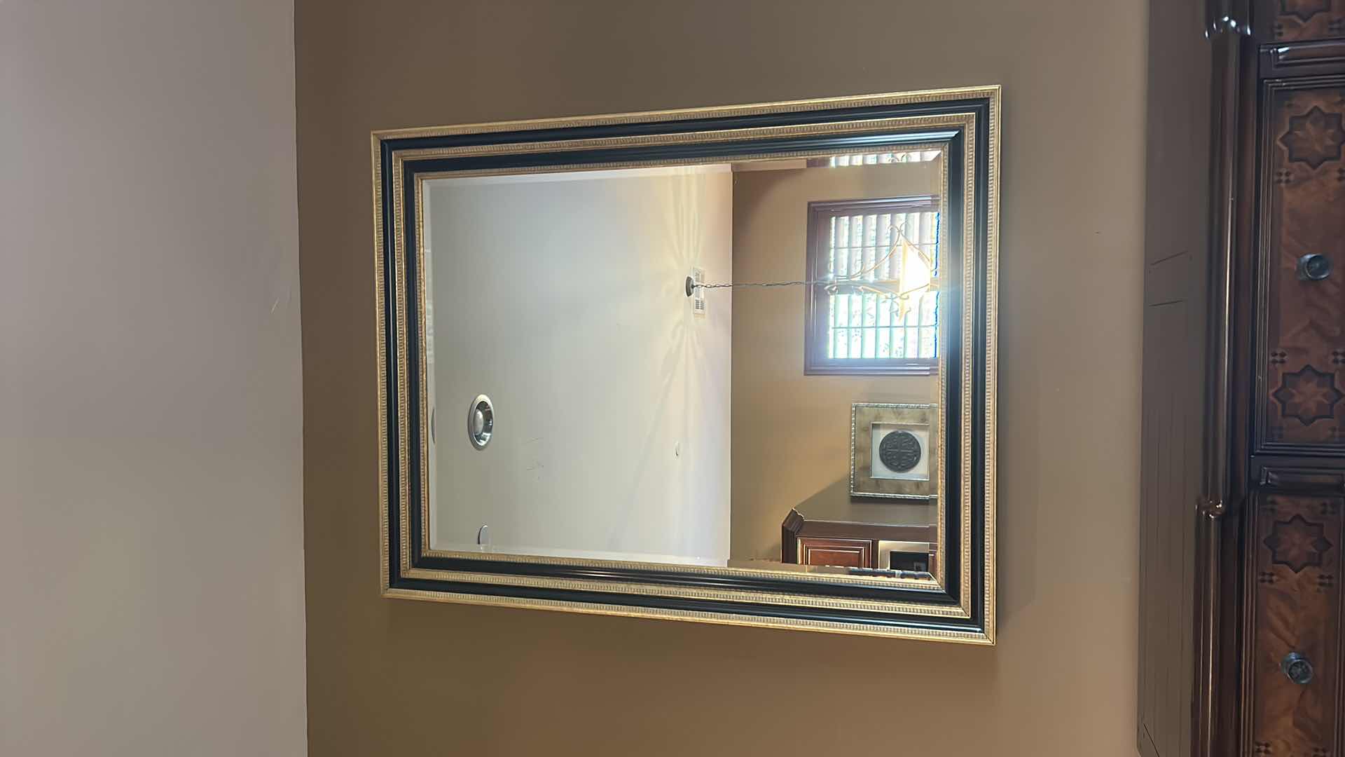 Photo 4 of VERY LARGE ORNATELY FRAMED IN GOLD AND BLACK BEVELED GLASS MIRROR 
57 inches five 44 1/2 inches