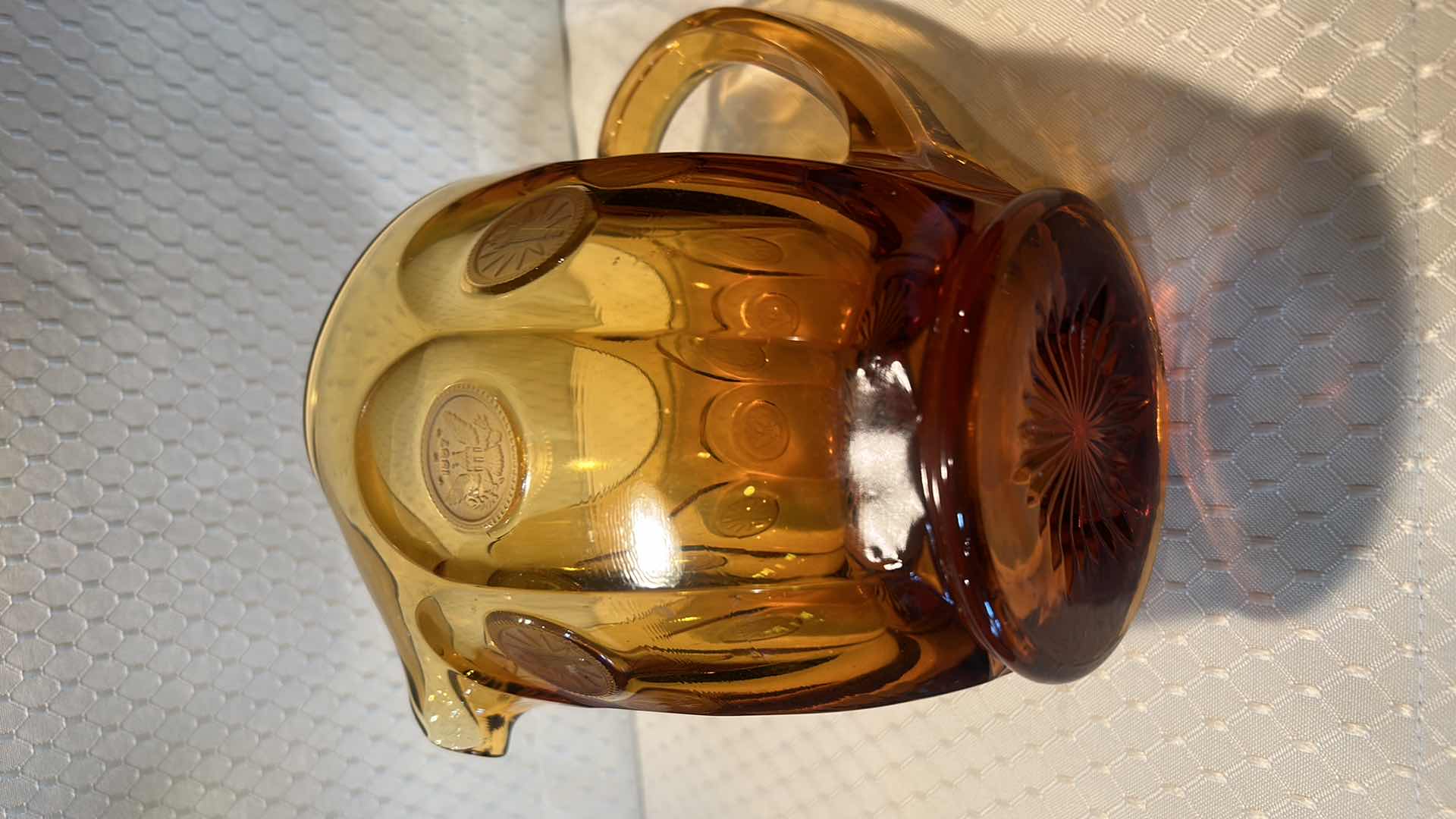 Photo 5 of FOSTORIA AMBER COIN GLASS PITCHER 6 3/4”