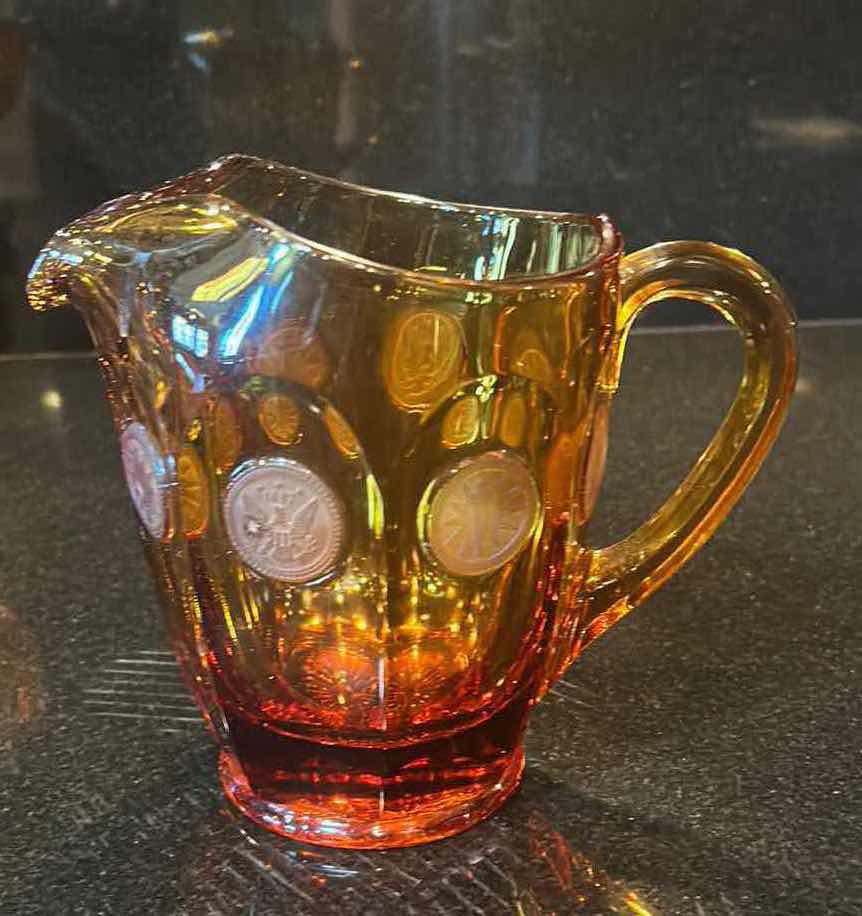 Photo 7 of FOSTORIA AMBER COIN GLASS PITCHER 6 3/4”