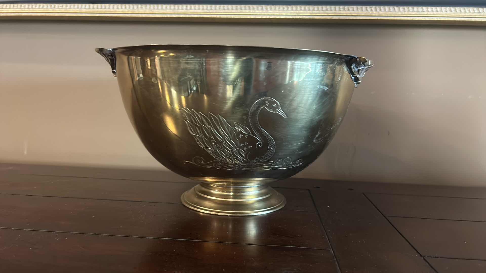 Photo 6 of BRASS BOWL WITH SWAN ETCHING 12 1/2” x 6 3/4”