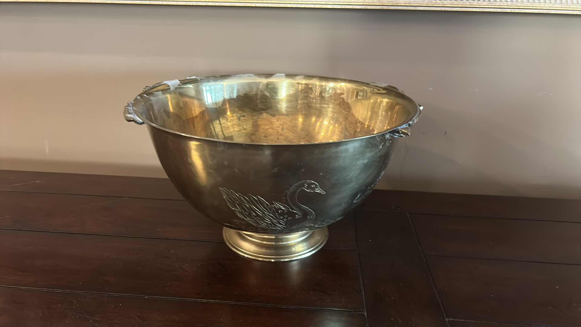 Photo 3 of BRASS BOWL WITH SWAN ETCHING 12 1/2” x 6 3/4”