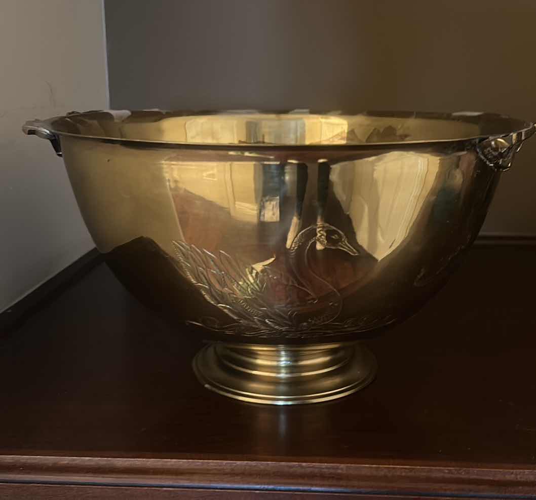 Photo 2 of BRASS BOWL WITH SWAN ETCHING 12 1/2” x 6 3/4”
