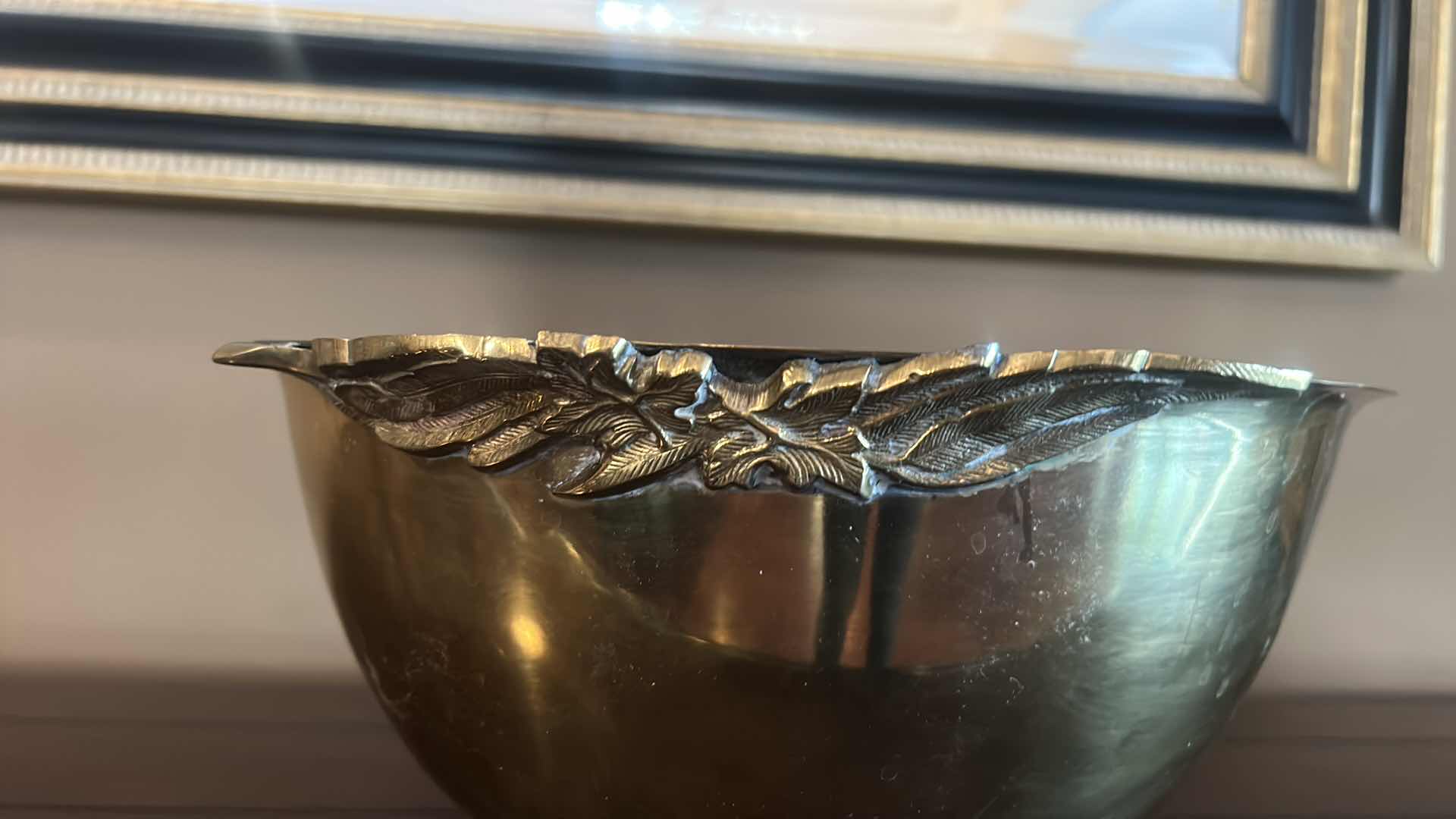 Photo 5 of BRASS BOWL WITH SWAN ETCHING 12 1/2” x 6 3/4”