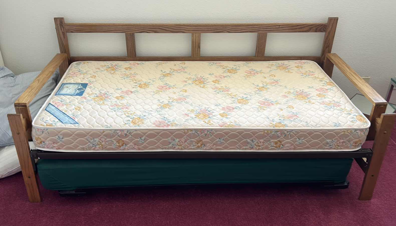 Photo 1 of OAK TRUNDLE BED WITH TWO TWIN MATTRESSES 81 1/2 x 38 1/2