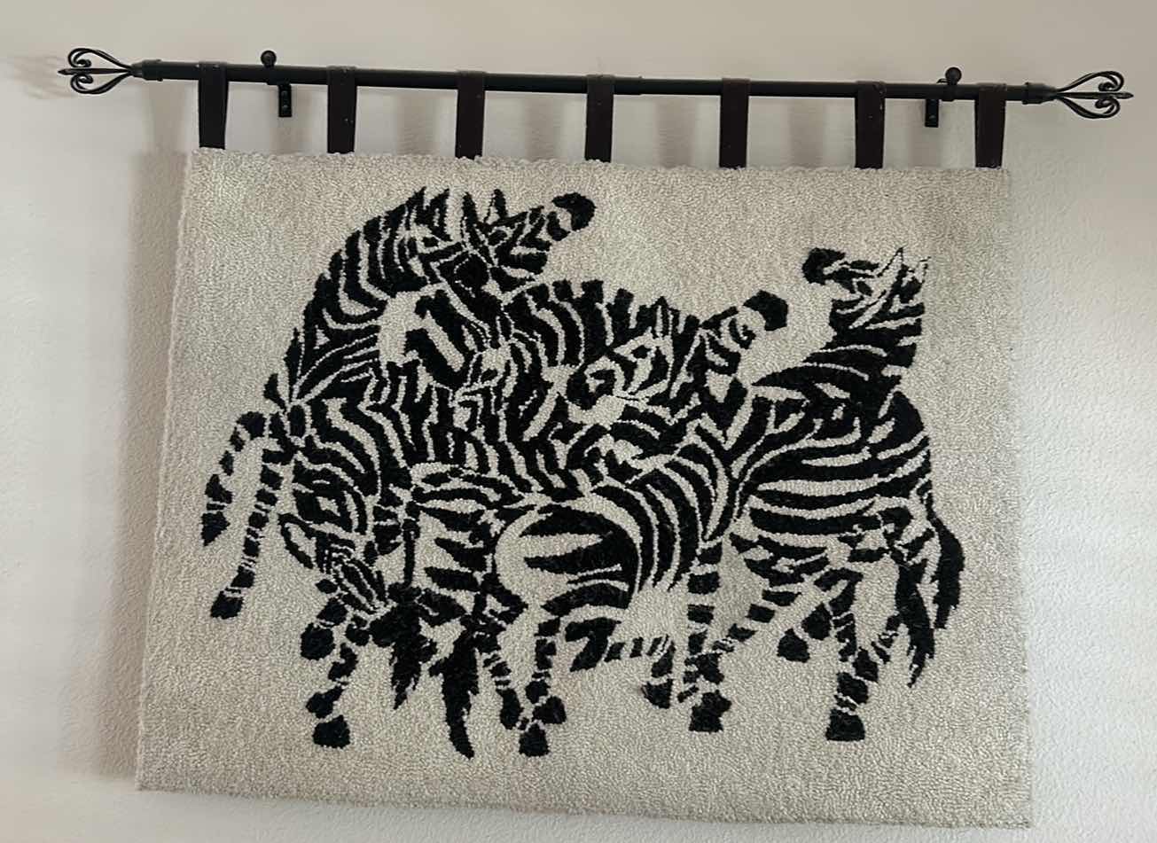 Photo 1 of HAND PAINTED ZEBRA RUG AND METAL HOLDER 47” x 41”. Oh my