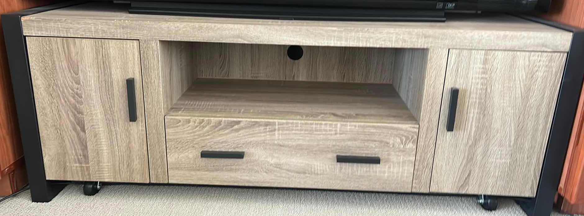 Photo 1 of WOOD CABINET WITH BLACK METAL ACCENTS 5’ x 15 1/2“ x 21 1/2“