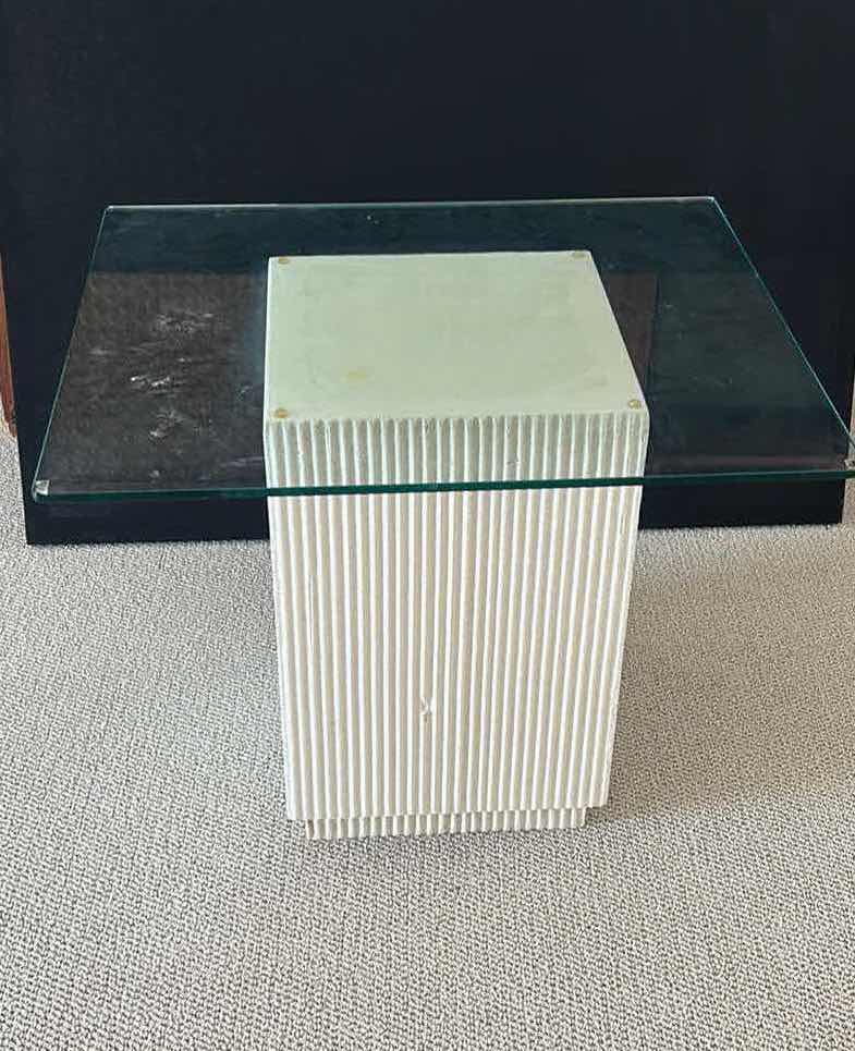 Photo 1 of CERAMIC OFF WHITE PILLAR WITH GLASS TOP ACCENT TABLE/ COFFEE TABLE 28” x 28” x 22”