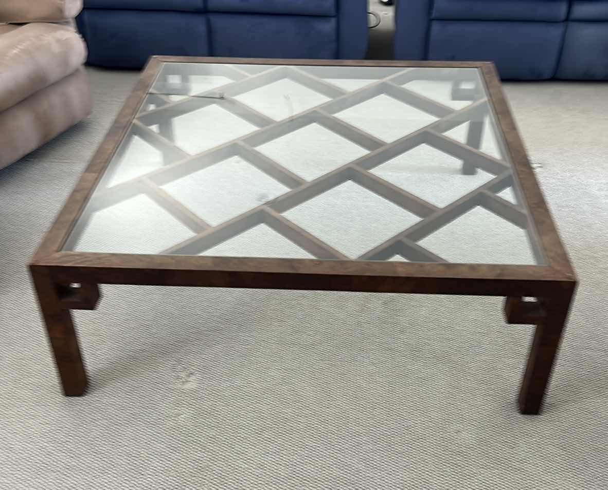Photo 1 of SQUARE WOOD COFFEE TABLE WITH LATTICE DESIGN & GLASS INSERT 47” x 47” x 17”