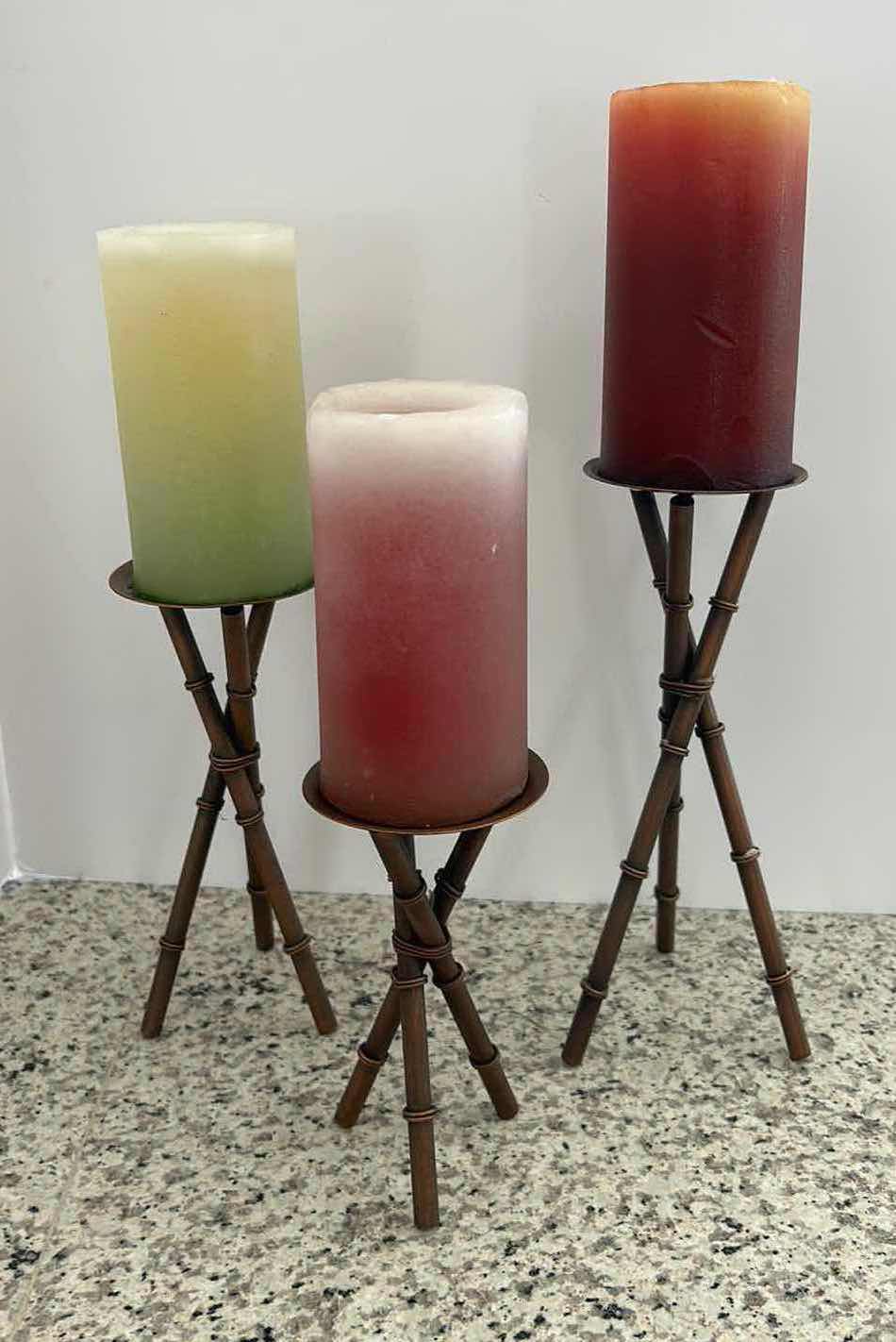 Photo 1 of 3 PIECE CANDLE HOLDERS WITH CANDLES (TALLEST WITH CANDLE 16”