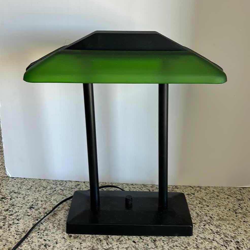 Photo 1 of METAL DESK LAMP WITH GREEN GLASS SHADE H 15.5”