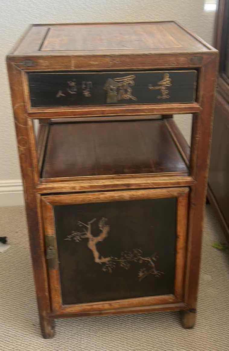 Photo 1 of ANTIQUE CHINESE HAND-CARVED SIDE TABLE W STORAGE 17” x 17”  H31”