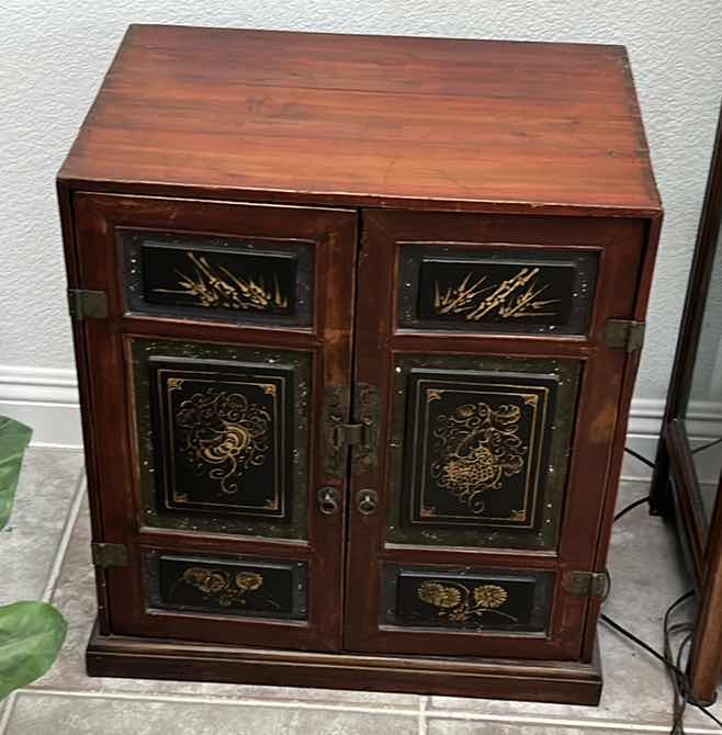 Photo 2 of ANTIQUE CHINESE CABINET W BRASS HARDWARE  23“ x 16“ x 24 1/2“