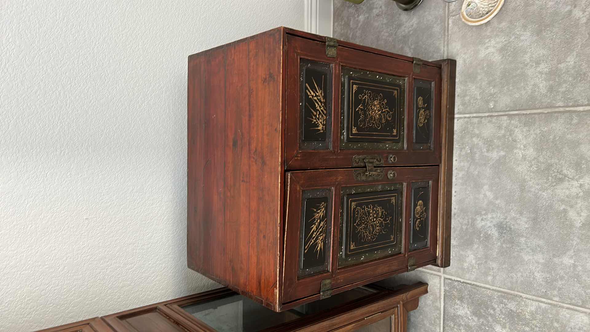 Photo 2 of ANTIQUE CHINESE CABINET W BRASS HARDWARE 23“ x 16“  H24"