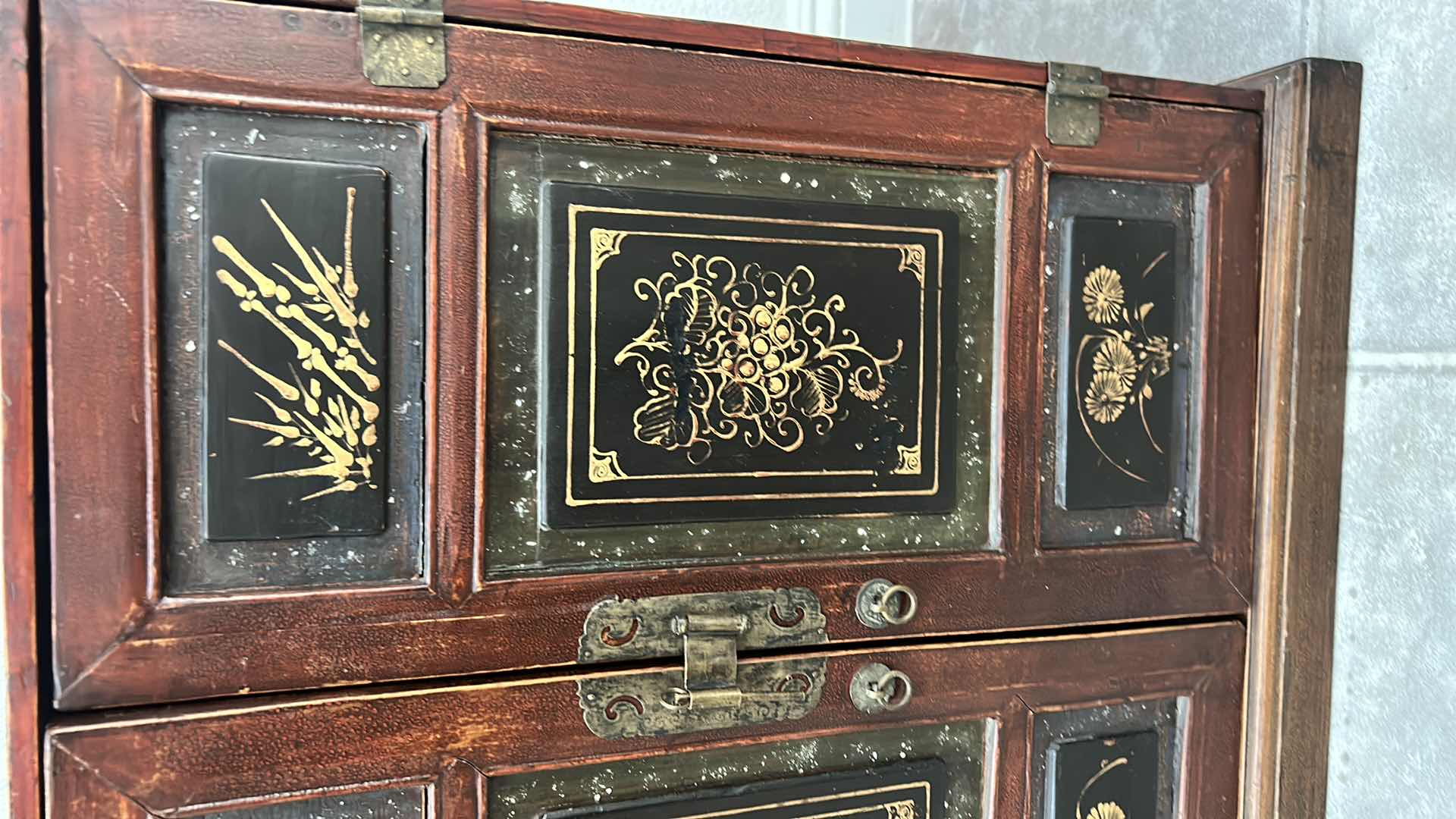 Photo 3 of ANTIQUE CHINESE CABINET W BRASS HARDWARE 23“ x 16“  H24"