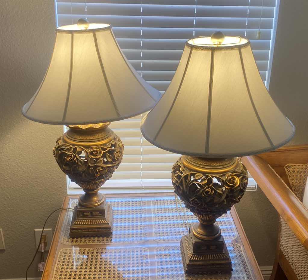 Photo 1 of PAIR OF CRACKLED ROSE PATTERN TABLE LAMPS H 31”