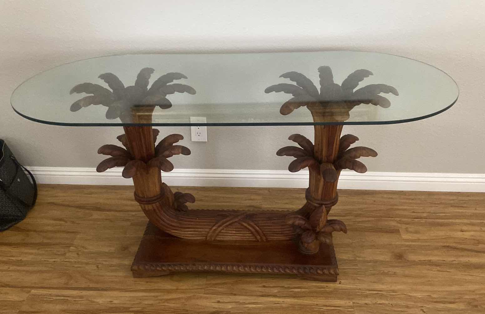 Photo 1 of CUSTOM MADE CONSOLE TABLE CARVED WOOD AND GLASS TOP FROM BALI INDONESIA 59” x 26” x 29”