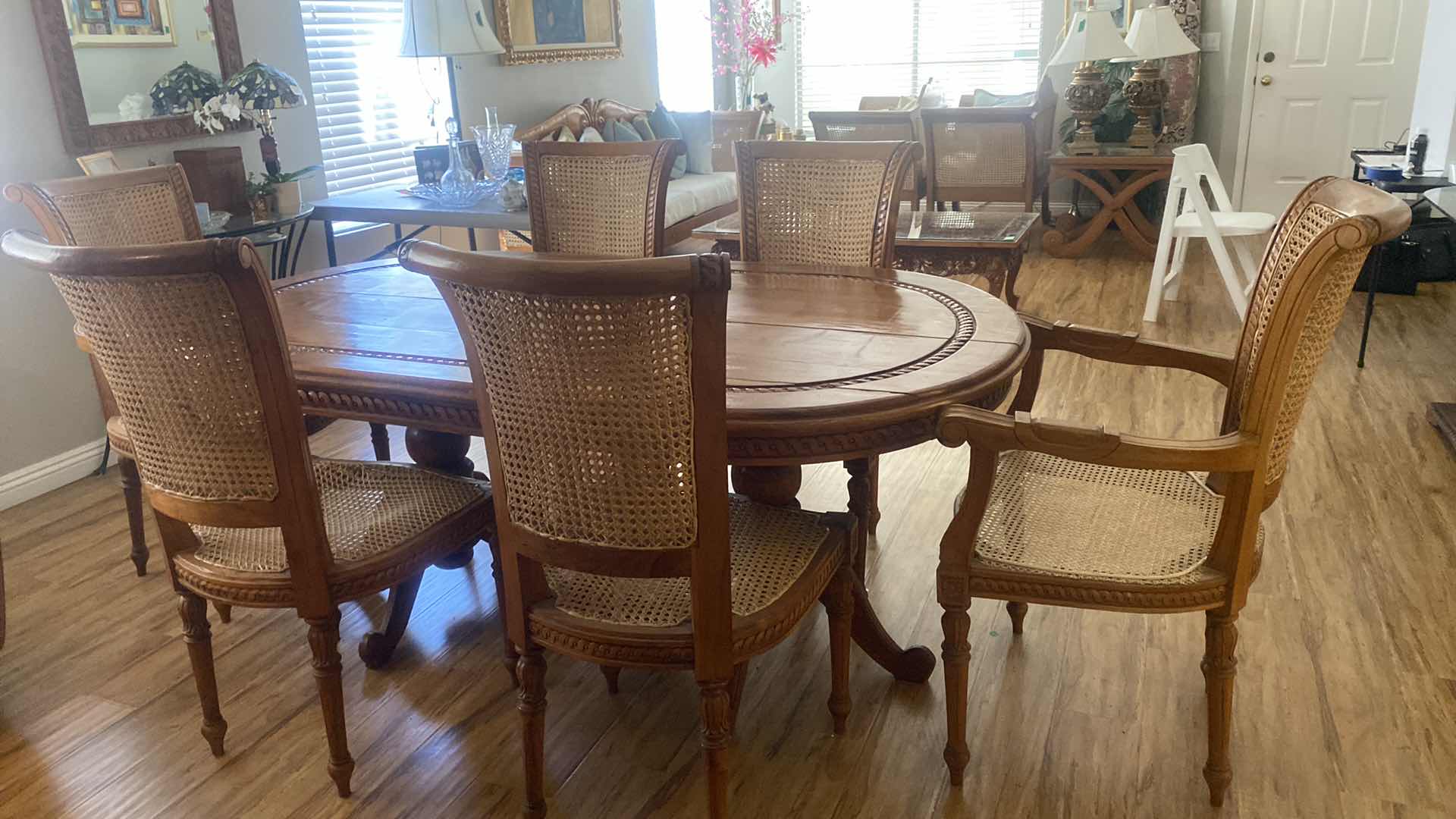 Photo 2 of CUSTOM MADE DINING TABLE WITH  6 CHAIRS WOOD AND CANE BACK FROM BALI INDONESIA 74” x 39” x 31”