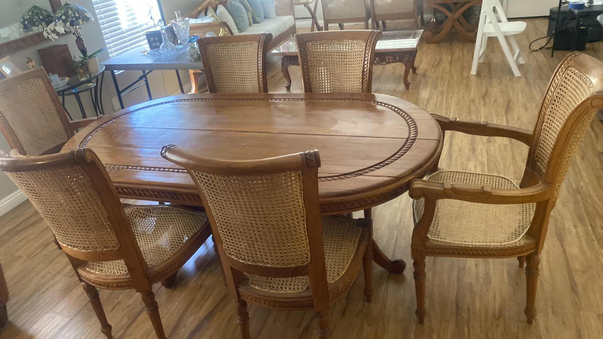 Photo 3 of CUSTOM MADE DINING TABLE WITH  6 CHAIRS WOOD AND CANE BACK FROM BALI INDONESIA 74” x 39” x 31”