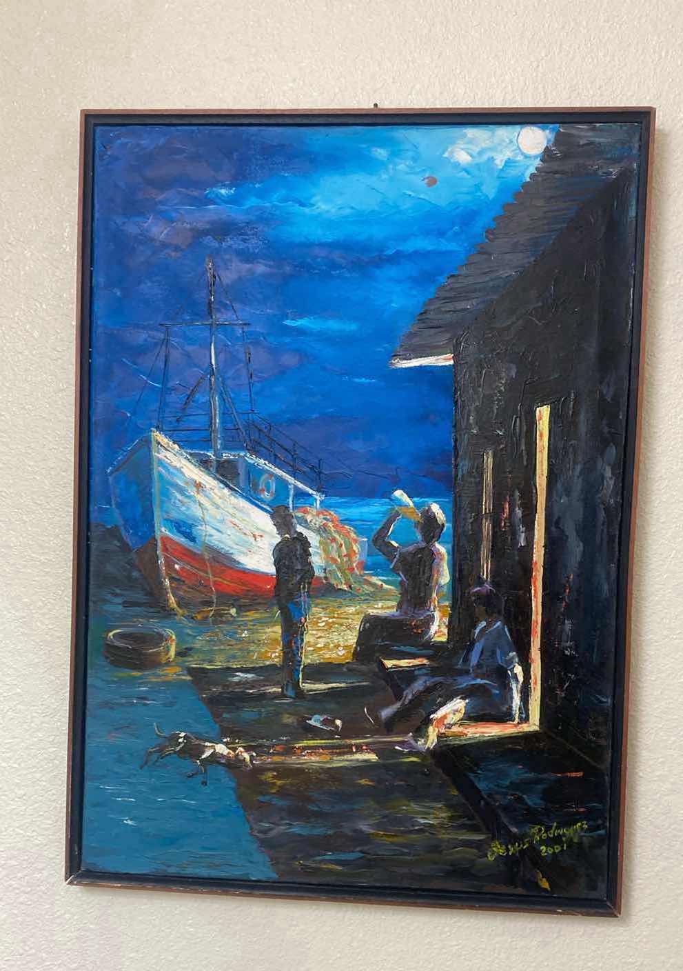 Photo 1 of FRAMED OIL ON CANVAS MEN AT BOAT DOCK SIGNED ARTWORK 20 1/2” x 28 1/2”