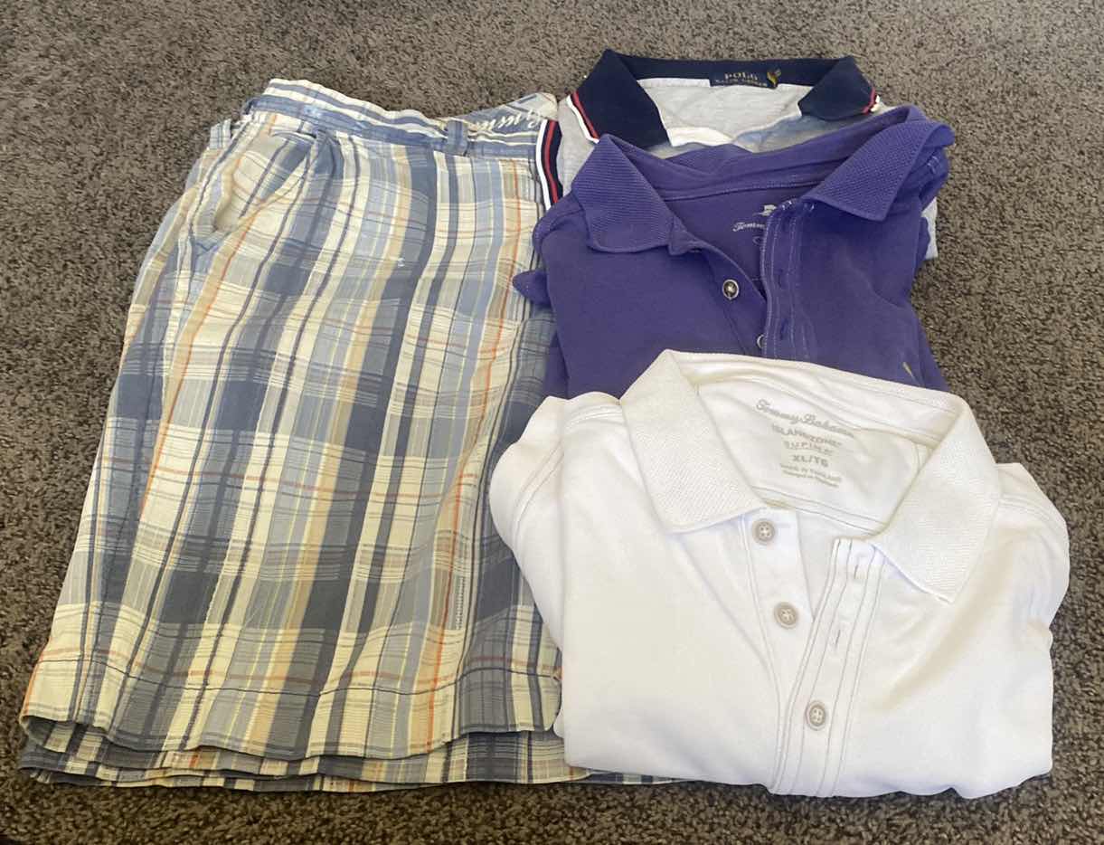 Photo 1 of MENS SIZE XL AND 42 TOMMY BAHAMA SHORTS & 2 POLO SHIRTS, 1 RALPH LAUREN POLO