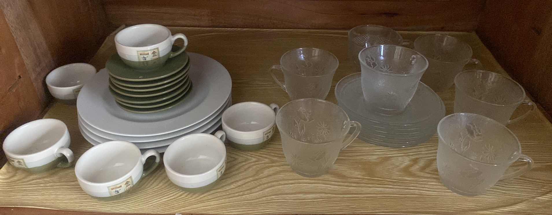 Photo 1 of TEA SET AND CLEAR GLASS SERVING PLATES WITH CUPS