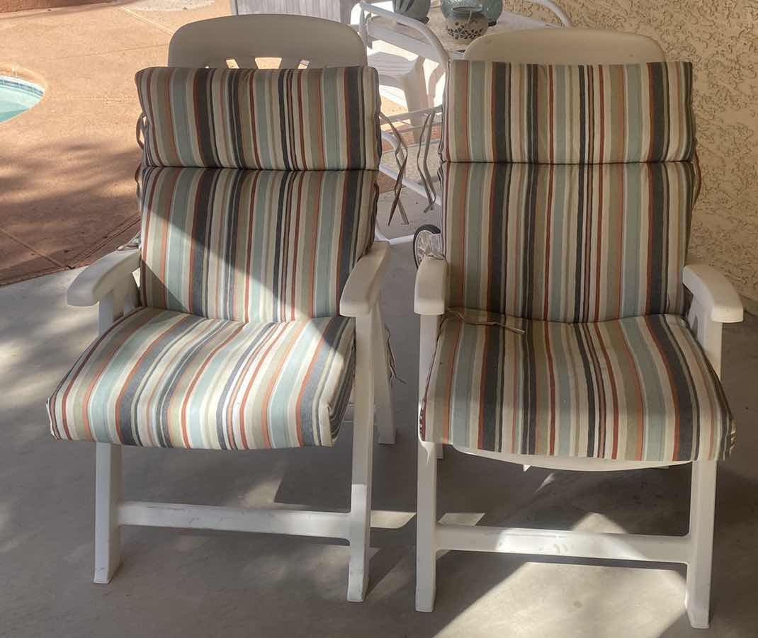 Photo 1 of PAIR Of RESIN ADJUSTABLE PATIO CHAIRS WITH CUSHIONS