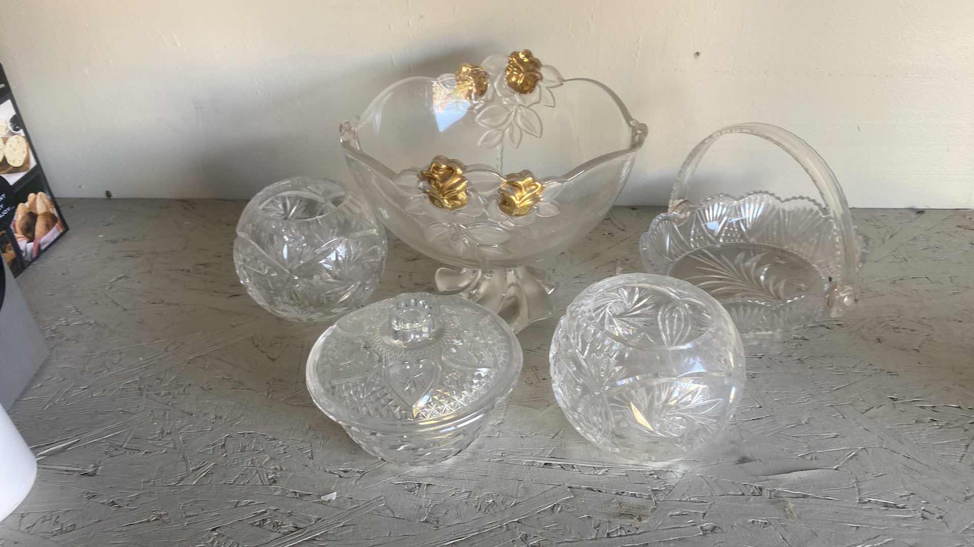 Photo 2 of SHELF IN GARAGE - CUT GLASS AND FOOTED BOWL