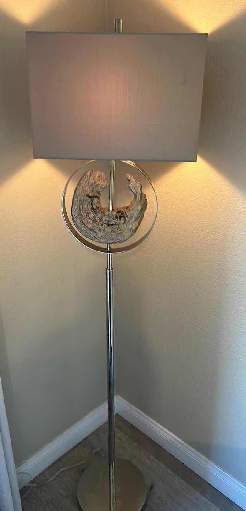 Photo 1 of H66” METAL FLOOR LAMP WITH WOOD SCULPTURE IN CIRCULAR DESIGN