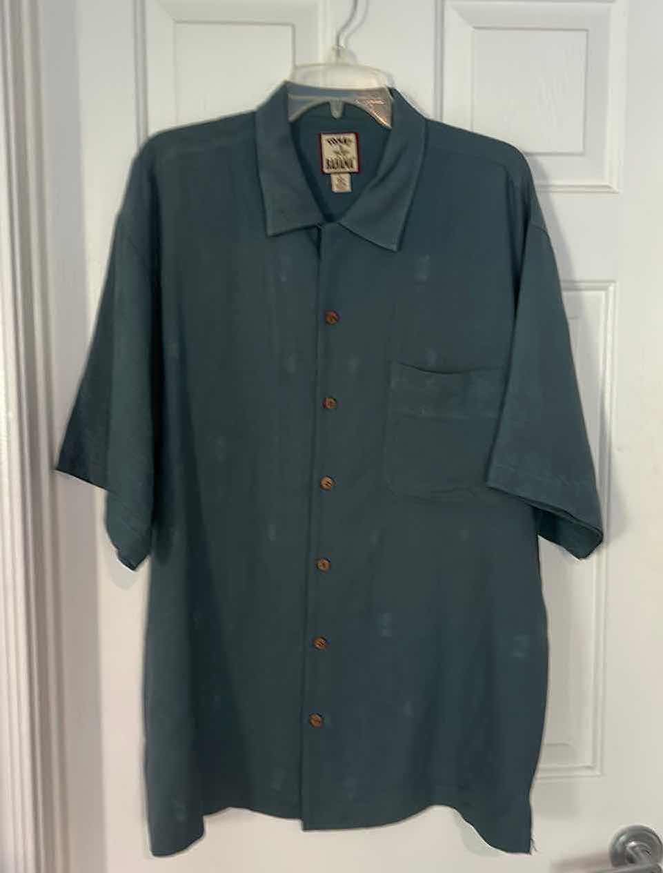 Photo 6 of MENS CLOTHING- TOMMY BAHAMAS SLATE BLUE WITH SMALL PALM TREES 100% SILK SHIRT SIZE LARGE