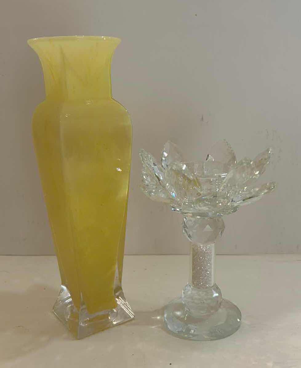 Photo 1 of MURANO YELLOW MILK GLASS VASE 8.25” AND CRYSTAL FLOWER CANDLE HOLDER H5.25”