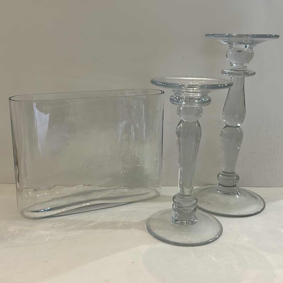 Photo 1 of 3 PC HOME DECOR- GLASS CANDLESTICKS (TALLEST H11”) AND FLOWER VASE 9 1/2” x 7 1/2”