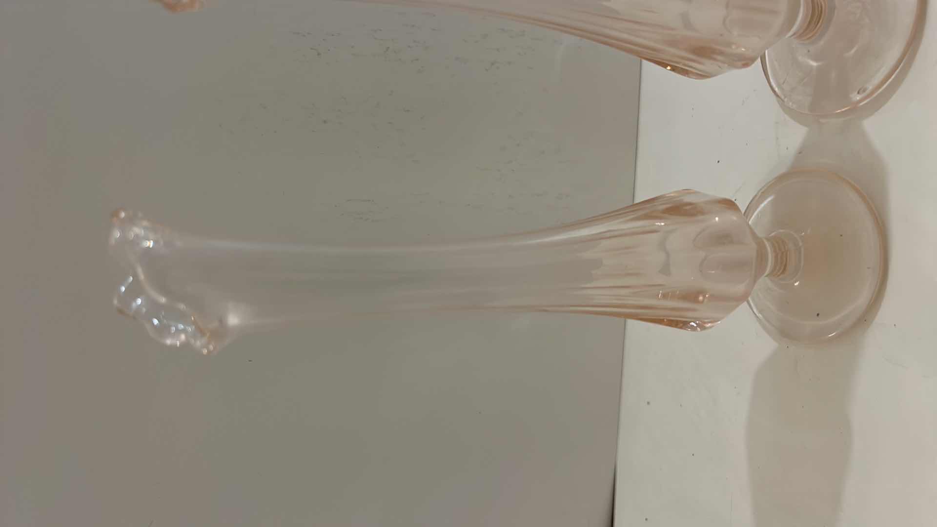 Photo 4 of DEPRESSION GLASS PALE PINK BUD VASES H 8”